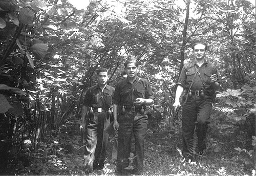Three men in uniform showcasing their resiliency as they confidently navigate through the woods, forming a strong building of unity with their signature strengths.