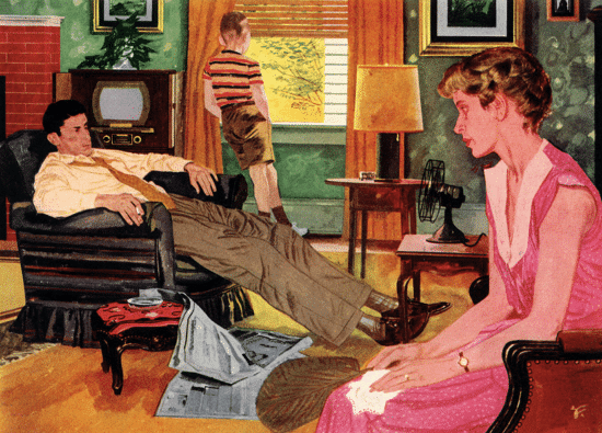 A woman in a pink dress keeps the house cool during the summer by cranking up the A/C.